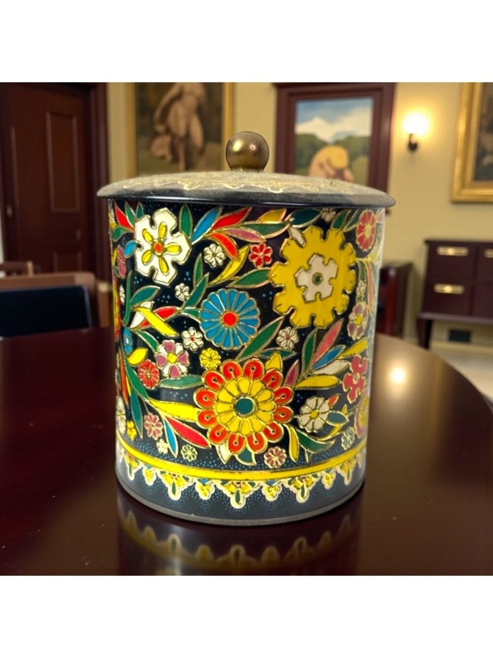 Vintage Floral Embossed Tin Canister With Lid Made In England Colorful Metal Sto